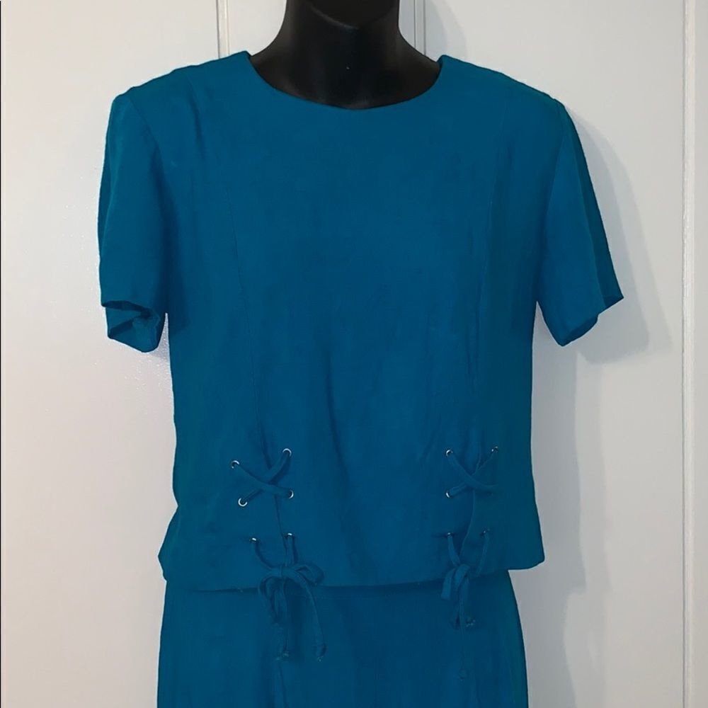 Vtg 90s Casual Corner teal blue 2 pc outfit